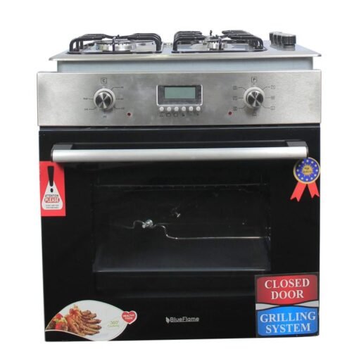 Blueflame 60cm Built-in Cooker 43IC; 3-Gas Burners And 1-Electric Plate, Electric Oven, Oven Fan, Grilal Heater, Thermostat, Fan, Auto Ignition – Inox