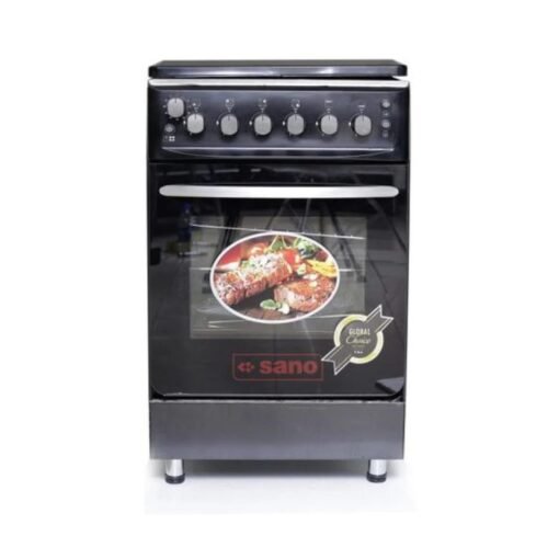 Sano 55X55 Full Gas Cooker With Rotisserie, Electric Oven & Grill, Auto Ignition, Oven Lamp, Timer, 2 Oven Trays – Black