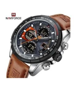 Naviforce Dual Display Leather Strapped Men's Office and Casual Designer Watch - Brown, Black, Silver