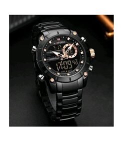 Naviforce Stainless Steel Dual Display Waterproof Watch - Black