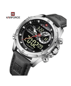 Naviforce Leather Strapped men's Led display dual watch - Black, silver