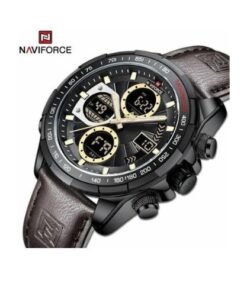 Naviforce Dual Display Leather Strapped Men's Office and Casual Designer Watch - Brown, Black, Silver