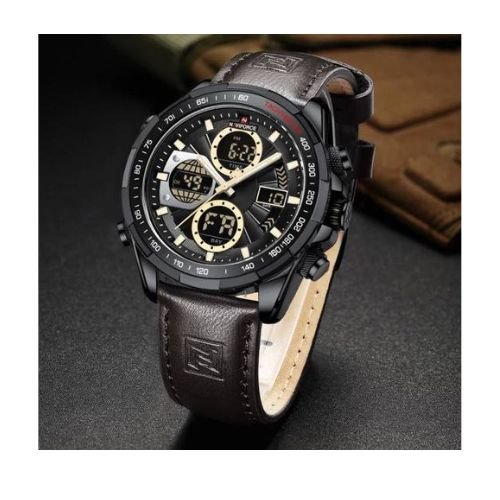 Naviforce Faux Leather Digital And Analog Mens Watch - Black, Brown
